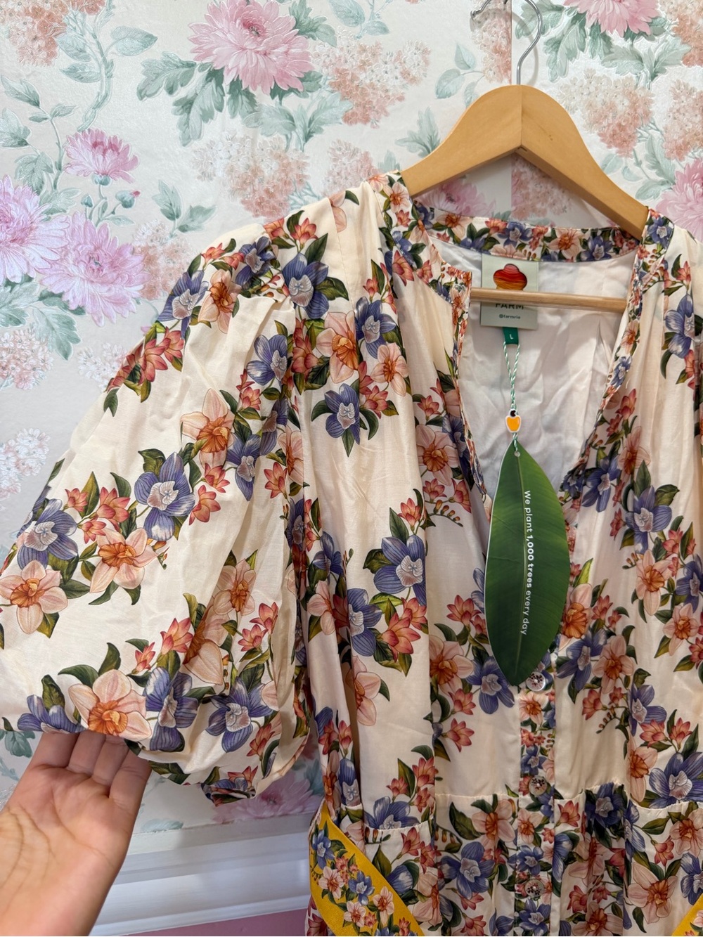 FARM Rio Cream Floral Puff-Sleeve Mini with Yellow Trim - Picture 2 of 7